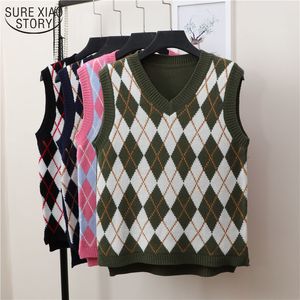 Spring Autumn Casual Loose Sweater Vest Women Pullover Argyle Sweet Sleeveless Plaid Knitted s Female 11832 210508