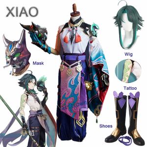 Spiel Genshin Impact Xiao Cosplay Kostüm Kimono Outfit Perücke Tattoo Maske Cosplay Anime Halloween Kostüm Für Frauen Männer Y0903