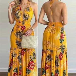 Mulheres verão primavera estampa tropical halter backless maxi vestido