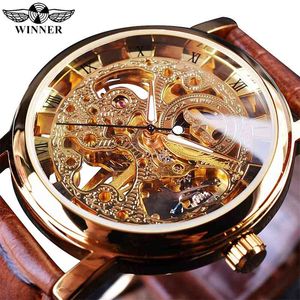 Победитель прозрачный золотой корпус роскошный повседневный дизайн коричневый кожаный ремешок мужские часы верхний бренд роскошный механический скелет часы 210407