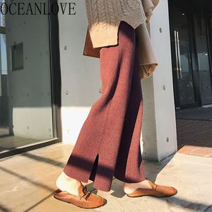 High Waist Knitted Women Pants Solid Elegant Wide Leg Korean Trousers Vintage Autumn Winter Mujer Pantalone 17916 210415