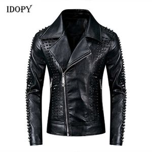 Idopy Men's Punk Leather Jackets Svarta nitar Motorcykelläderjackor Studdade gotiska Slim Fit Biker läderrock för hane 211009