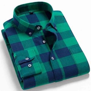 Mäns mode 100% Bomull Borstat Flannel Striped T Shirts Enkelficka Långärmad Ungdomlig Mjuk Casual Plaid Checkered Shirt 210721