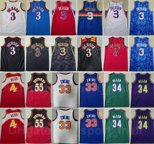 Mens Vintage Basquete Spud Webb Jerseys 4 Dikembe Mutombo 55 Patrick Ewing 33 Ray Allen 34 Iverson 3 Camisas esportivas usa costurado preto branco vermelho azul verde roxo