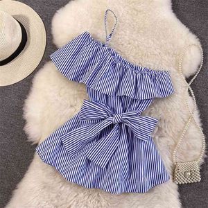 Summer Women's Shirt Blue Striped Print Sash Tie Up Ruffles Blouse Sexy One Shoulder Strap Sleeveless Female Tops 210603