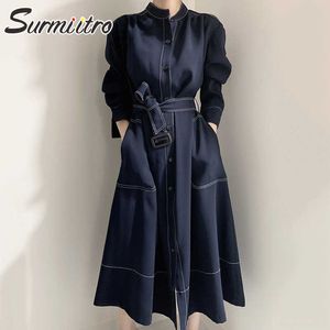 Surmiitro koreansk stil chic lång klänning kvinnor elegant singel breasted långärmad kontor dam midi klänning kvinnlig trench coat 210712