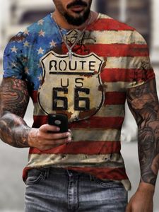 Sommar Nya Mens T-shirts Oversized Loose Clothes Vintage Short Sleeve Fashion America Route 66 Brev Skriv ut O Collared Tshirt