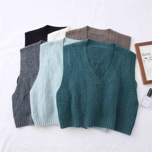 Spring Autumn Sweater Vest Women Casual V Neck Crop Sweaters Ladies Korean Solid Sleeveless Knitted 210525