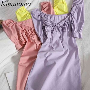 Kimutomo Elegant Lace Up Kort Puff Sleeve Klänning Vår Sommar Koreansk Fashion Solid V-Neck Slim Midja Mini Klänning Kvinna 210521