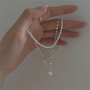 Autentiche collane con ciondolo a cuore multistrato in argento sterling 925 Collana a catena con perle d'acqua dolce naturale per donna