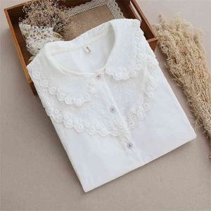 Spring Korea Fashion Women Long Sleeve Embroidery Peter Pan Collar Casual Shirts 100% cotton Mori Girl White Blouse S578 210512