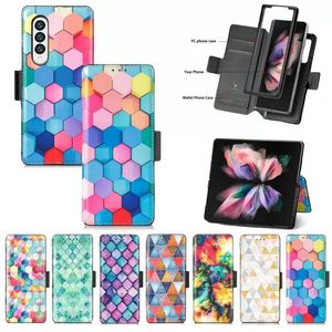 PU Couro Capas de Telefone Magnética Carteira Card Slot Kickstand Proteterive para Samsung Galaxy Z Dobra 3 5G Dobro Rainbow Rainbow Diamond-shaped Padrão Criativo Design Capa Capa