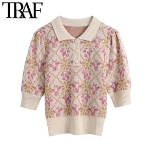 TRAF Moda Moda Animal Jacquard Malha Camisola Vintage Lapela Collar Manga Curta Fêmea Pullovers Chique Tops 210415