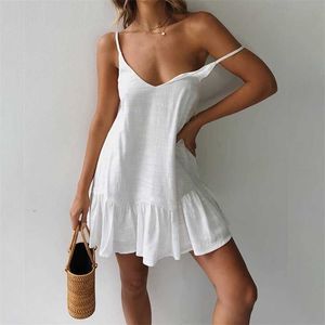 Spagetti kayış elbiseler kapalı omuz kadınlar yaz elbise beyaz vardiya elbise fırfır seksi sundress mini pamuk keten vestidos 210323