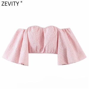 Women Sexy Off Shoulder Pink Jacquard Smock Blouse Female Lantern Sleeve Short Shirt Chic Blusas Tops LS7674 210420