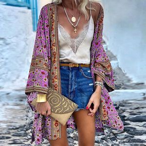 Damskie stroje kąpielowe 2021 Kobiety boho nadruk kwiatowy kimono kardigan luźne szal z długim rękawem CALL BLUSE BLIKINI Cover Finer Outdoor Thin