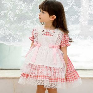 Summer Baby Girl Spanish Lattice Abiti Infant Spagna Lolita Princess Ball Gown Bambini 1 ° compleanno Battesimo Abito con fiocco in pizzo 210615
