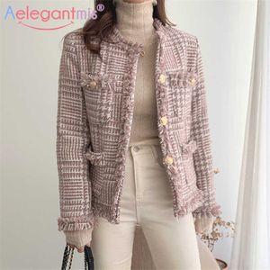 Aelegantmis Vintage Houndstooth Women Loose Tweed Jacket Elegant Cute Plaid Jakcet Female Retro Korean Chic Kawaii Outerwear 210607