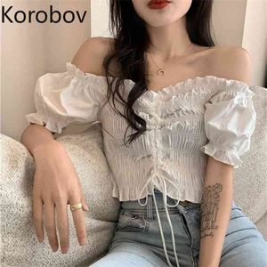 Korobov Vintage Lacing Bow Puff Sleeve T-shirts Koreanska Chic Ruffles Solid Elegant Blusas Mujer Office Lady Slash Neck Blusar 210430