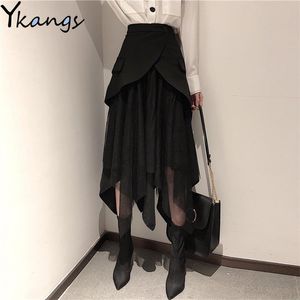 Korean Vintage Gothic Patchwork Suit Pocket Pleated Skirt Women High Waist Ladies Office A-Line Irregular Midi Long Black 210421