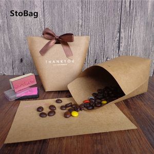 StoBag 10pcs Merry Christmas Kraft Paper Box Thank You Candy Chocolate Packaging Supplies With Ribbon Celebrate Baking Biscuite 210602