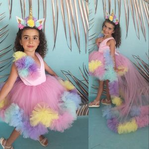 2021 Cute Colorful Girls Pageant Dresses V Neck Ruffles Tulle Tiered Short Hi Lo Detachable Train With Bow Kids Flower Girl Birthday Gowns