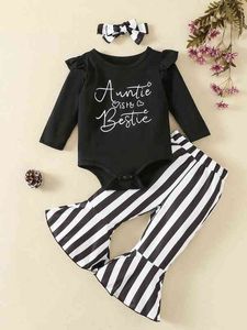 Body con volant grafico con slogan per bambini Pantaloni a gamba svasata a righe con fascia per capelli LEI