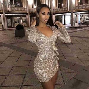 Summer Women's Gold Sequin Long Sleeve Mini Dress Sexy Ruffled V-neck Fashion Party Celebrity Runway Club 210525