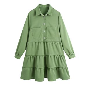 Moda z kieszeniami Drapowane Mini Sukienka Kobiety Vintage Lapel Collar Z Długim Rękawem Kobiet Es Army Green Vestidos 210430