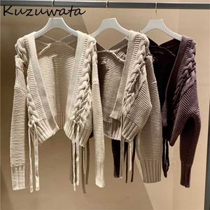 Kuzuwata Autunno Inverno Maglioni Manica Lunga Scava Fuori Tessuto Fasciatura Cardigan Corto Moda Giapponese Abbigliamento Donna 211218