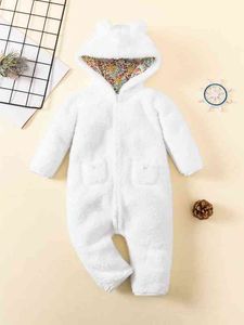 Baby 3d örat design hooded zip up flannel jumpsuit hon