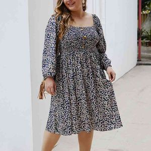 Big Size XL-4XL Floral Women Dresses Elegant Square Collar Long Sleeve Elastic Waist Button Autumn Mini Lady Dress Vestidos W201 210526