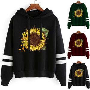 여성용 후드 스웨터 캐주얼 해바라기 프린트 스트라이프 드로우 스트링 하라주쿠 카와이 대형 Hoodie Maletom Feminino