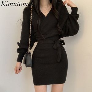 Kimutomo Vintage Strikkade Klänningar Kvinnor V-Neck Slim Waist Lace Up Lantern Sleeve Mini Dress Spring Autumn Korea Chic 210521