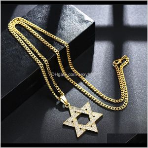 Colares Pingentes JewelryRunique Magen Estrela de David Pingente Colar Homens Mulheres Hip Hop Jóias Flores Rhinestone Moda 60cm Long Chain Gold