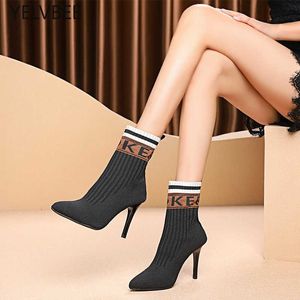 Designer Sock Boots Women High Heels 2021 Winter New Fashion Ankle Thin Heels Knitting Botas Designer Pumps Sexy Lady Zapatos Y0905