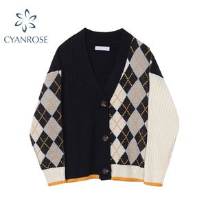 Vintage Geometric Rhombic Cardigan Sweater Women Autumn Warm Long Sleeve Outerwear Elegant V-Neck Chic Patchwork Knit Tops 210417