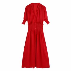 Bbwm za röd chiffong sommar klänning kvinnor kort elastisk midja vintage midi klänningar kvinna knäppas upp lining fest klänning 210520