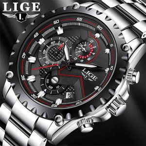 LIGE Moda Erkek Saatler Üst Lüks Marka Gümüş Paslanmaz Çelik 30 M Su Geçirmez Kuvars İzle Erkekler Ordu Askeri Chronograph 210914