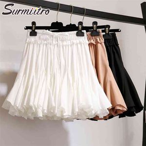 Surmiitro Branco Preto Chiffon Shorts de Verão Saia Feminina Moda Coreana Cintura Alta Tutu Plissado Mini Saia Estética Feminino 210712