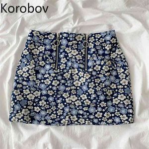 Korobov Frauen Röcke Neue Mode Hohe Taille Blume Drucken Mini Rock Koreanische Süße Chic A-Line Streetwear Falda Mujer 210430