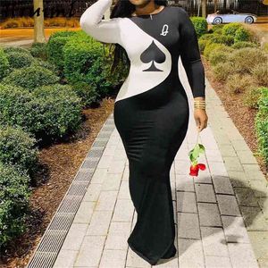 Bodycon Long Dress Sexy Poker Print Sleeve O Neck Maxi Autumn Skinny Plus Size Fashion Elegant Streetwear Woman 210513