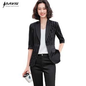 Fashion Women Stripe Suits Summer Temperamen Business Formal Half Sleeve Patchwork Blazer And Pants Office Ladies Work Wear 210604