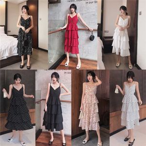 Dresses Summer 7style Chic Korean Sexy V Neck Spaghetti Strap Floral Print Cake Dress Women Polka Dot Retro Elegant Vestidos 210610