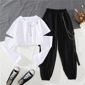 Women Harajuku Cargo Pants Sets Joggers Trousers Two-piece Suit Punk Pant with Chain Emo Egirl Clothes Black Aesthetic Suit