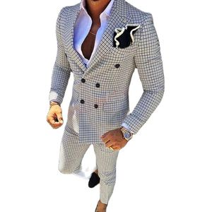 Men's Suits & Blazers VEIAI 2021 Fashion Lattice Suit Slim Fit Prom Wedding For Men Groom Tuxedo Jacket Pants Set Custom White Casual