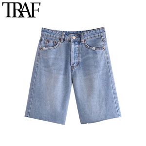 Trafik Kvinnor Chic Fashion Ribbed Tassel Denim Bermuda Shorts Vintage Mid-Rise Button-Fly Kvinna Kort Jeans Mujer 210611