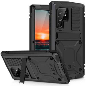 Metall med stativ inbyggd skärmskyddskåpa för Samsung Galaxy S22 Ultra Plus 5G 2022 Case ShockoProof Phone Coque Fundas W220226