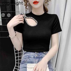 Summer Women T Shirt Fashion Solid Hollow Out Crop Tee Tops Casual Female Black White T-shirts Woman Clothing 210601