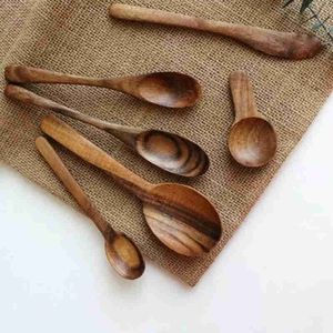 Träsked Miljövänligt Naturligt Teakwood Long Handle Salad Mixing Spoon Icecream Scoop Porslin